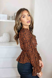 Day Going out top brown chiffon animal print party garden summer low sleeve peplum tie front v neck long